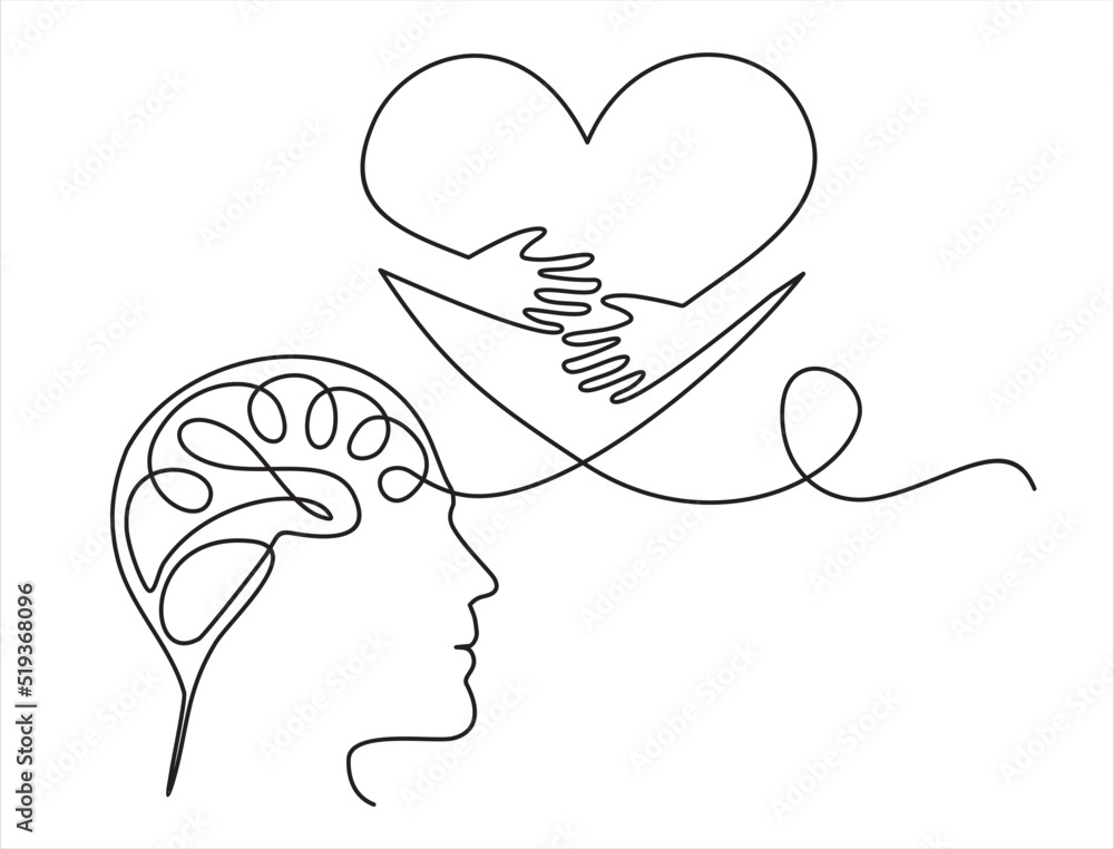 continuous stylized modern drawing of a human head and brain thinking ...