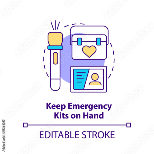 Keep emergency kits on hand concept icon. Disaster tip abstract idea thin line illustration. First aid supplies. Isolated outline drawing. Editable stroke. Arial, Myriad Pro-Bold fonts used