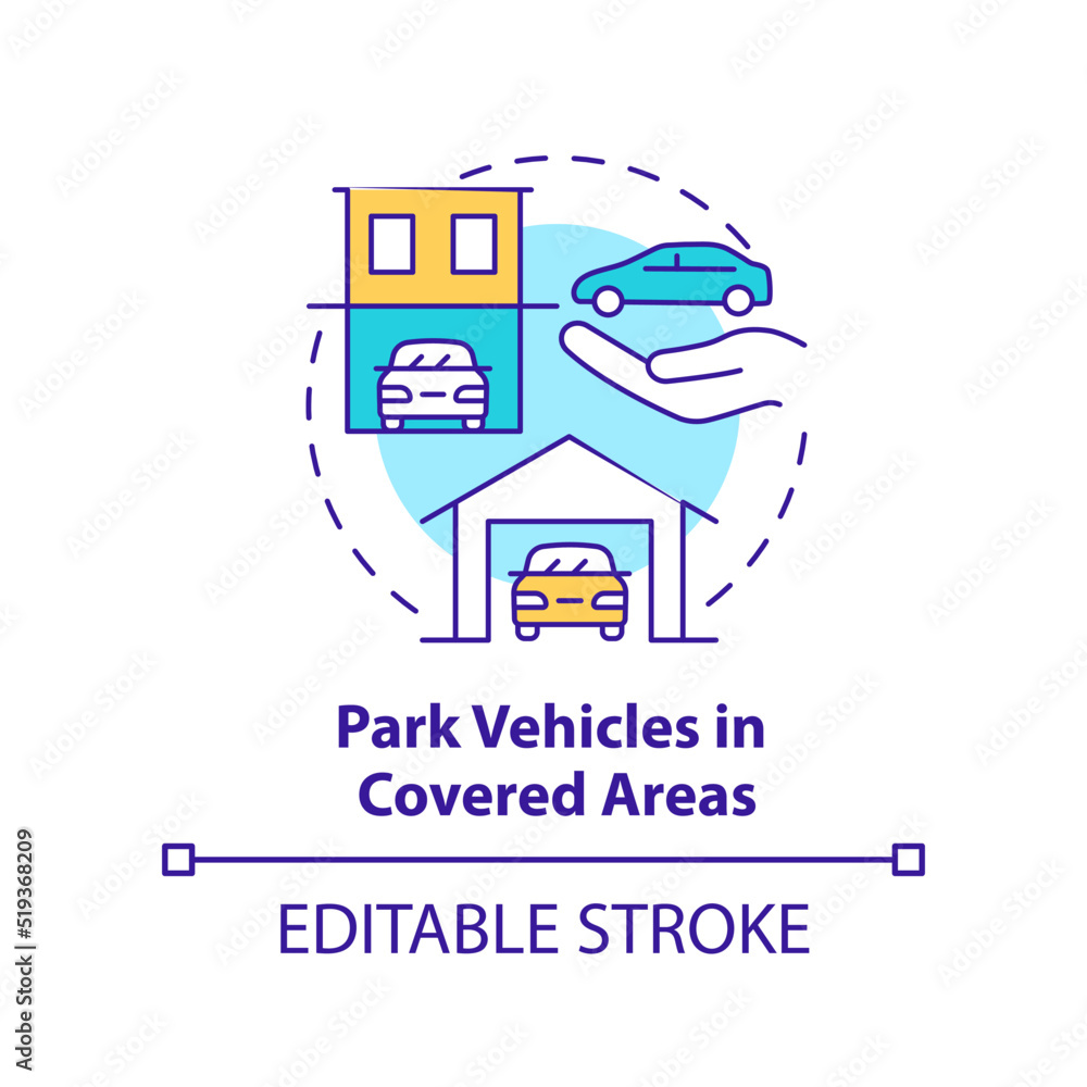 Park vehicles in covered areas concept icon. Hailstorm safety abstract idea thin line illustration. Parking arrangement. Isolated outline drawing. Editable stroke. Arial, Myriad Pro-Bold fonts used