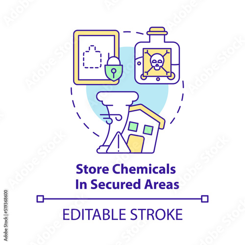 Store chemicals in secured areas concept icon. Prepare for tornado at home abstract idea thin line illustration. Isolated outline drawing. Editable stroke. Arial, Myriad Pro-Bold fonts used