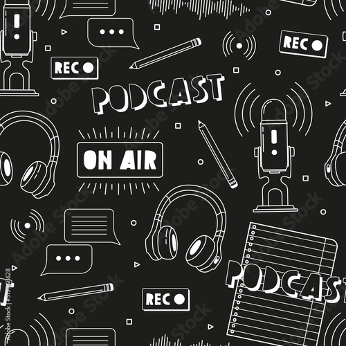 Headphones, microphone, note list, tea, speech bubbles icons seamless pattern. Podcast recording and listening, online radio, audio streaming service concept. Hand drawn vector isolated illustrations.