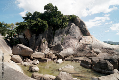 Landscape Nature beautiful rock of Hin Ta Hin Yai or Grandfather and Grandmother Rocks is located in Lamai beach Samui island Thailand - Storied natural rock resemblance to male female genitalia.