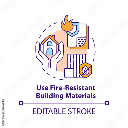 Use fire-resistant building materials concept icon. Surviving wildfire at home abstract idea thin line illustration. Isolated outline drawing. Editable stroke. Arial, Myriad Pro-Bold fonts used