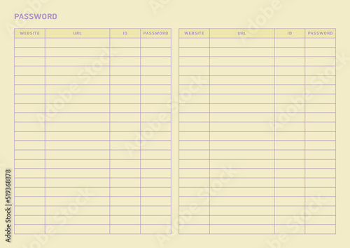 Note, scheduler, diary, calendar planner document template illustration. Website ID and password notepad form.