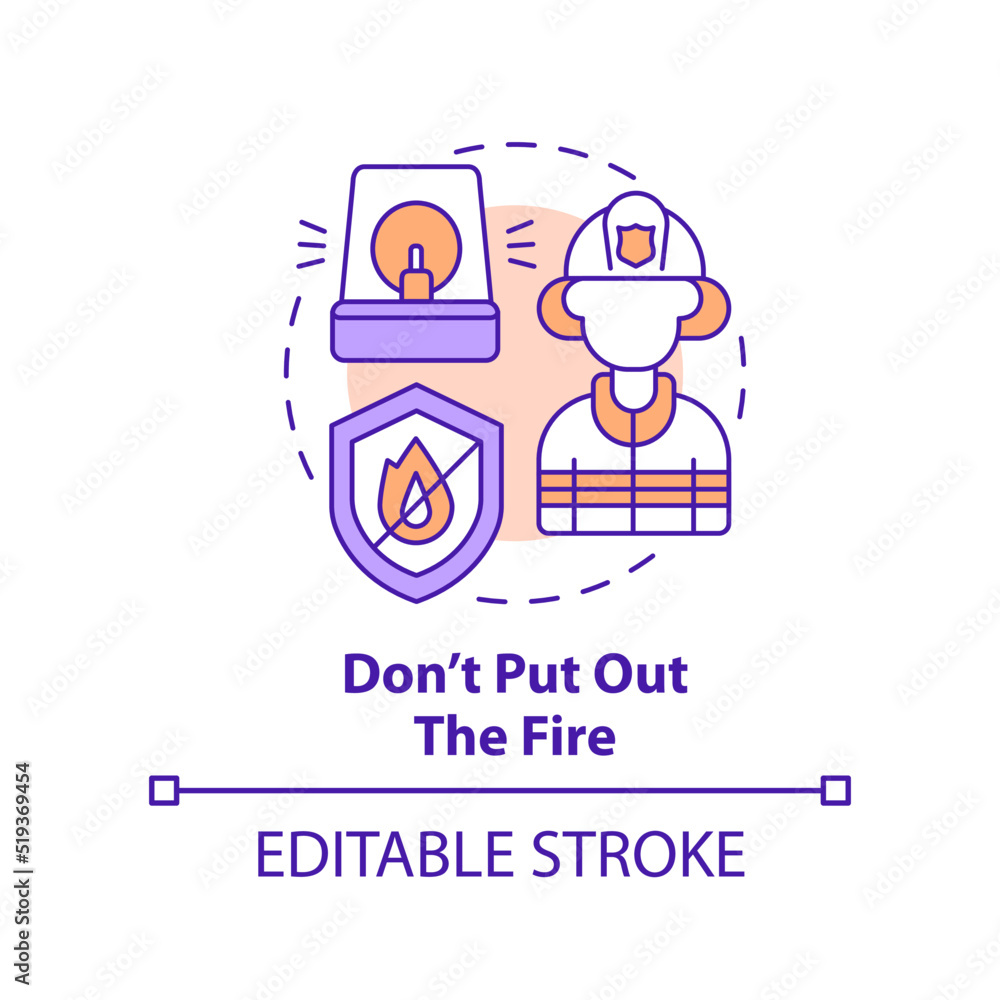 Dont put out fire concept icon. Evacuation from burning house abstract idea thin line illustration. Wait for firefighters. Isolated outline drawing. Editable stroke. Arial, Myriad Pro-Bold fonts used Dont put out fire concept icon. Evacuation from burning house abstract idea thin line illustration. Wait for firefighters. Isolated outline drawing. Editable stroke. Arial, Myriad Pro-Bold fonts used
