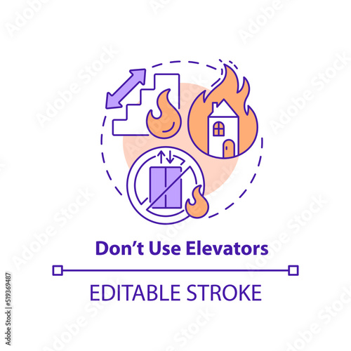Dont use elevators concept icon. Escape house from fire abstract idea thin line illustration. Stucking between floors risk. Isolated outline drawing. Editable stroke. Arial, Myriad Pro-Bold fonts used
