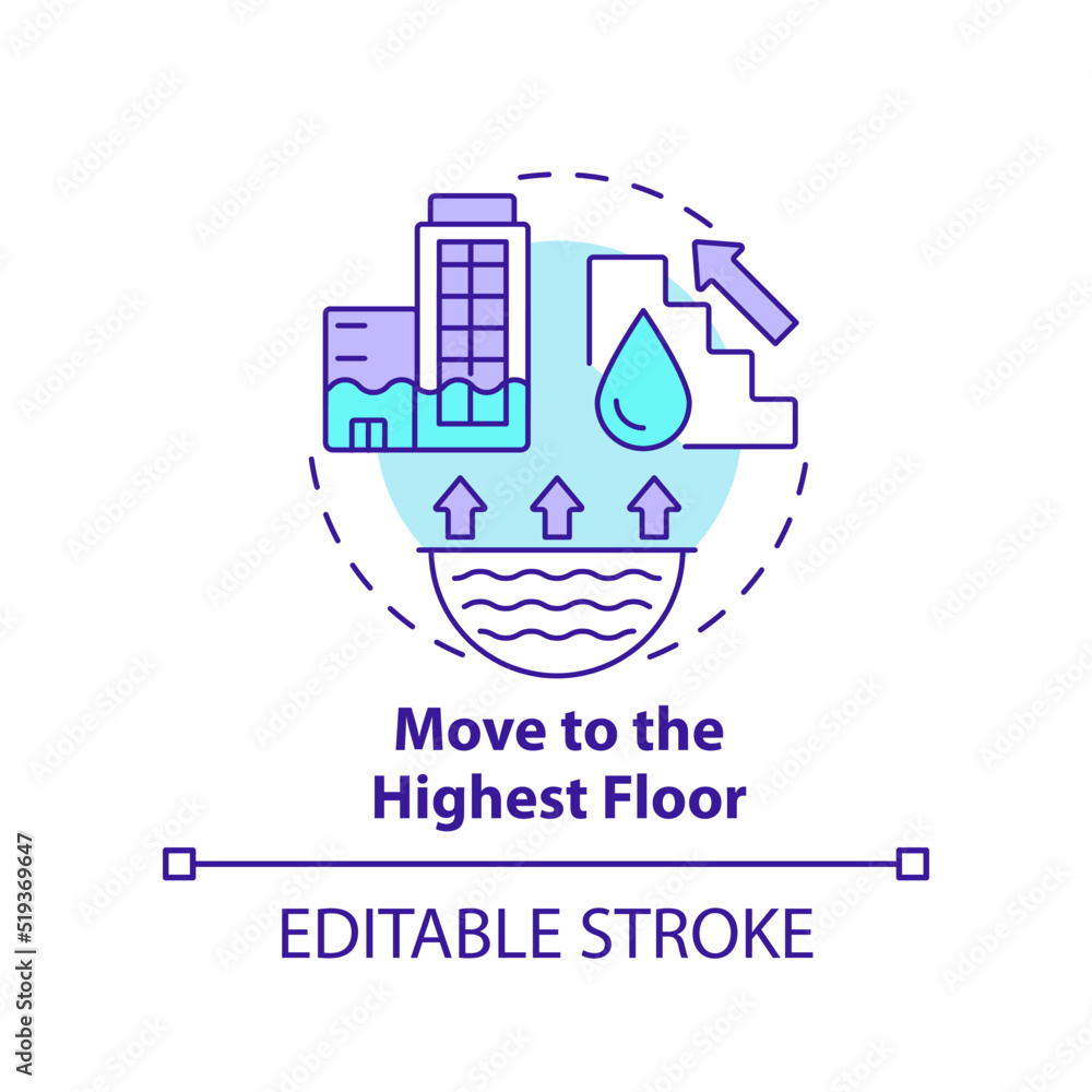 Move to highest floor concept icon. Flood precautionary measure abstract idea thin line illustration. High-rise building. Isolated outline drawing. Editable stroke. Arial, Myriad Pro-Bold fonts used