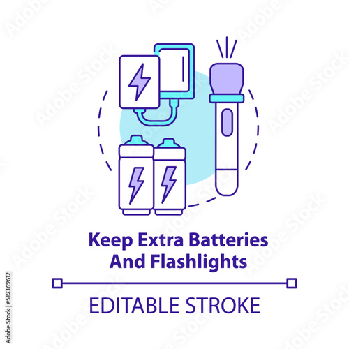 Keep extra batteries and flashlights concept icon. Flood safety measure abstract idea thin line illustration. Isolated outline drawing. Editable stroke. Arial, Myriad Pro-Bold fonts used