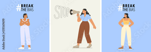  Flat vector illustration with young women stand up for women's rights. Concept of girl power. International women's day.