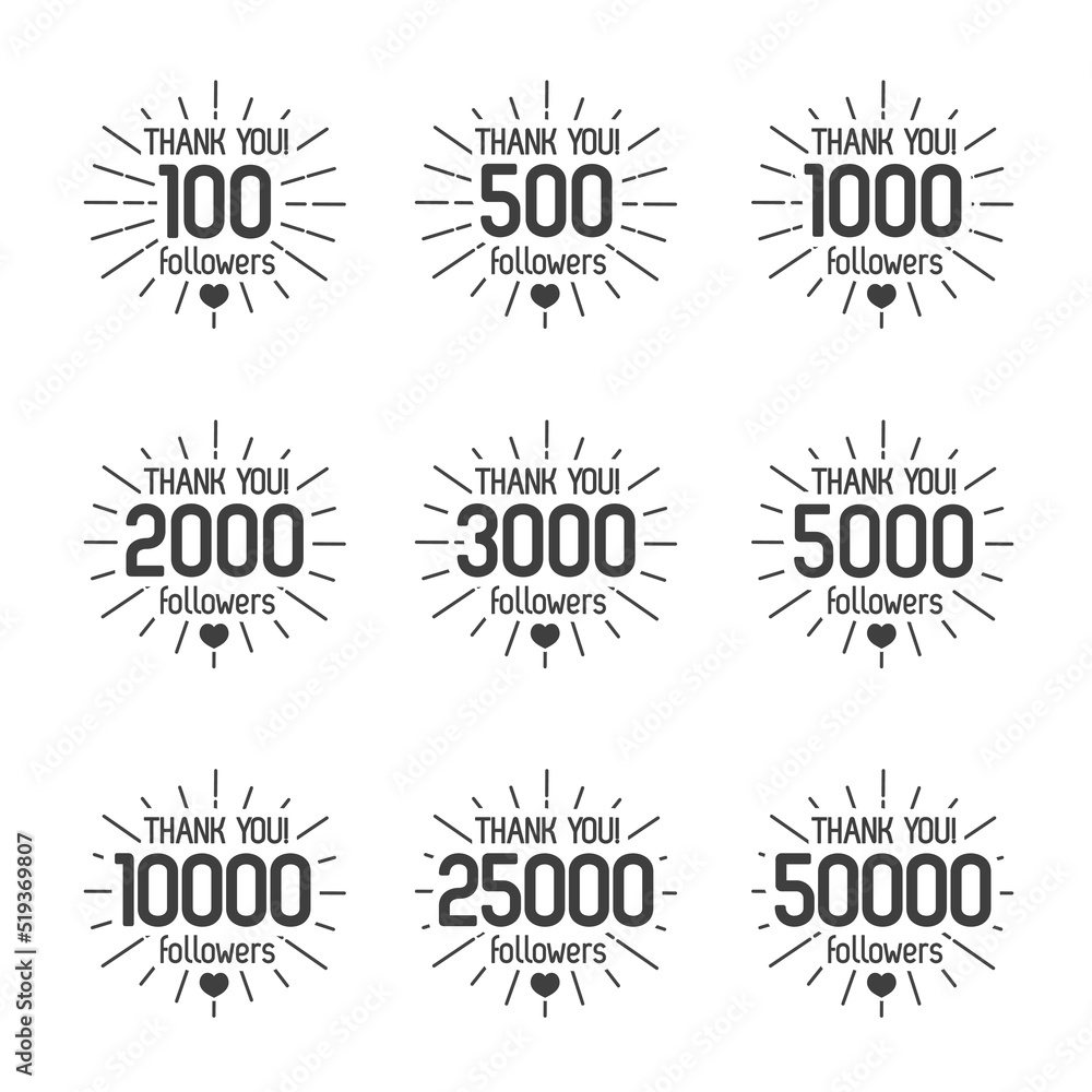 Thank you for followers isolated black label set with sunburst. Vector Illustration