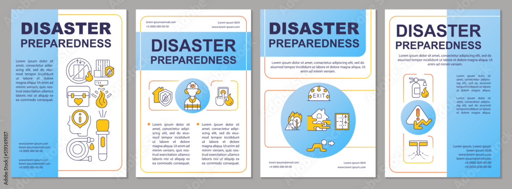 Prepare for potential disasters blue brochure template. Leaflet design with linear icons. Editable 4 vector layouts for presentation, annual reports. Arial, Myriad Pro-Regular fonts used