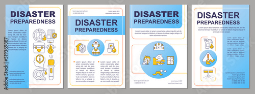 Prepare for potential disasters blue brochure template. Leaflet design with linear icons. Editable 4 vector layouts for presentation, annual reports. Arial, Myriad Pro-Regular fonts used