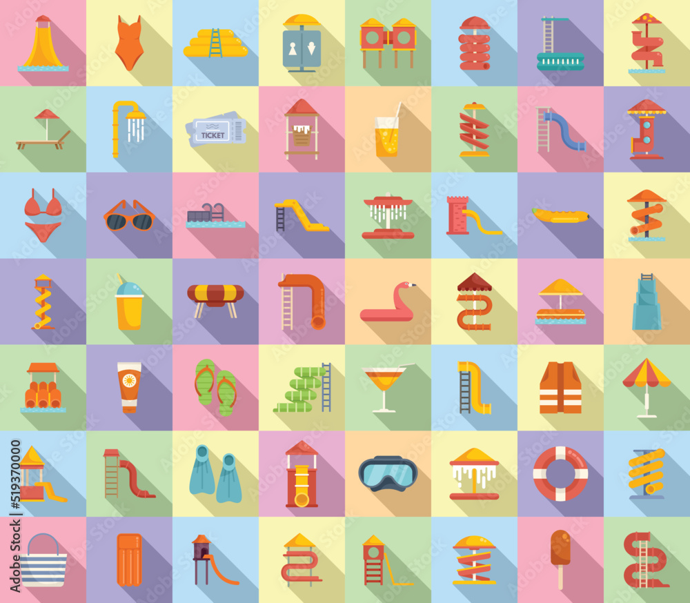 Water park icons set flat vector. Slide pool Water park icons set flat vector. Slide pool