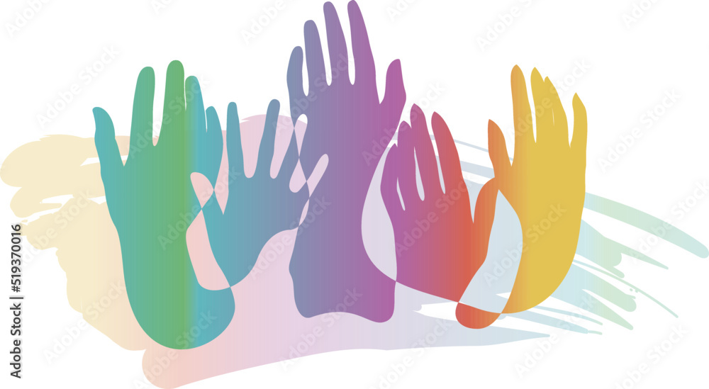Raised hands volunteering one line drawing. Colorful hand up wave banner. People rights election. Inclusion and diversity culture equity. Inclusive solidarity union. Raised hands volunteering one line drawing. Colorful hand up wave banner. People rights election. Inclusion and diversity culture equity. Inclusive solidarity union.