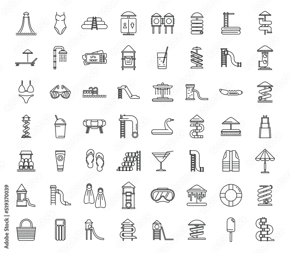 Water park icons set outline vector. Slide pool Water park icons set outline vector. Slide pool