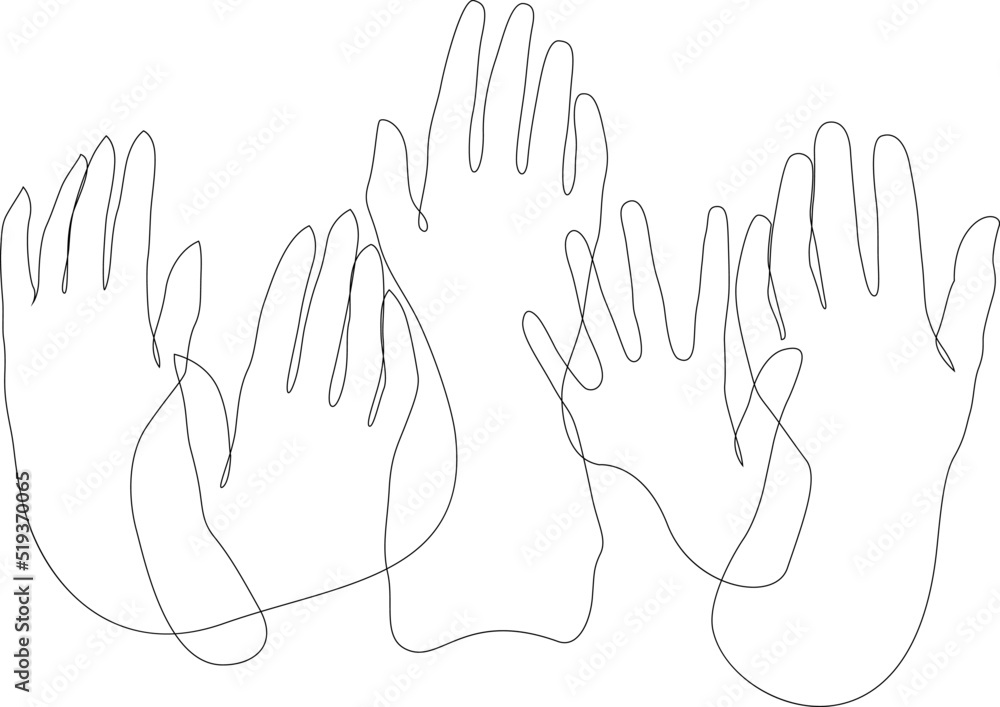 Obraz premium One single line drawing of group of people raising their hands up into the air. Business team work concept. Modern continuous line draw design graphic vector illustration