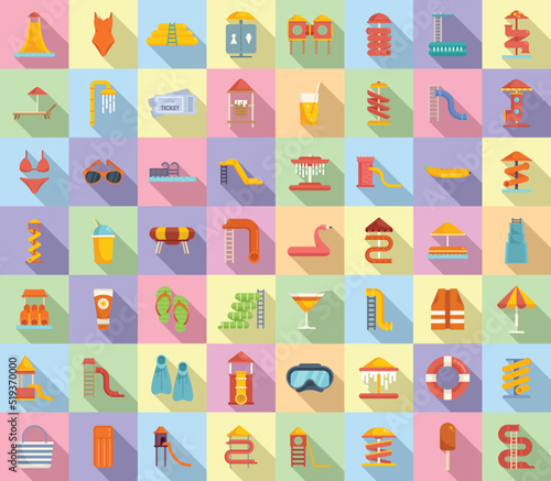Water park icons set flat vector. Slide pool
