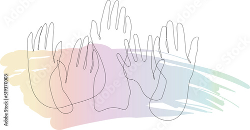 Raised hands volunteering one line drawing. Colorful hand up wave banner. People rights election. Inclusion and diversity culture equity. Inclusive solidarity union.