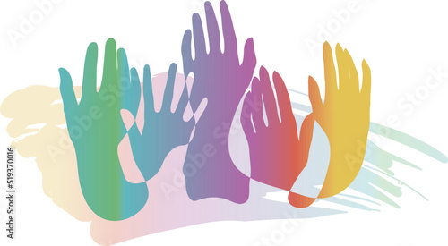 Raised hands volunteering one line drawing. Colorful hand up wave banner. People rights election. Inclusion and diversity culture equity. Inclusive solidarity union.
