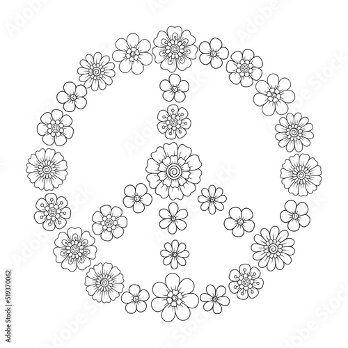 Pacific. The symbol of the world is made of flowers. Hippie style. Retro sign of love, peace and pacifism performed hand-made in the style of doodle.
