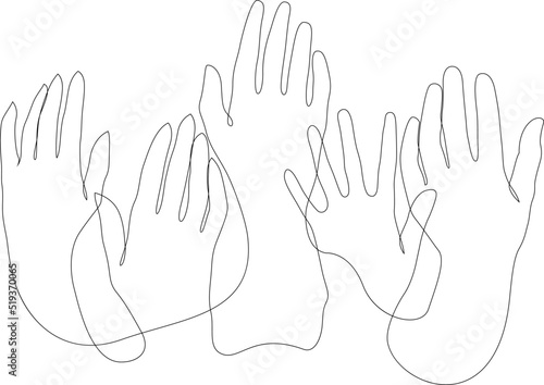 One single line drawing of group of people raising their hands up into the air. Business team work concept. Modern continuous line draw design graphic vector illustration