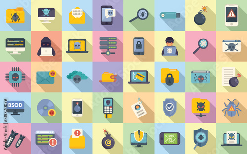 Malware icons set flat vector. Cyber attack