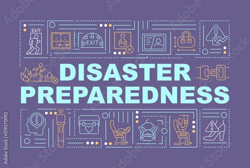 Emergency preparedness word concepts purple banner. Surviving accidents. Infographics with editable icons on color background. Isolated typography. Vector illustration with text. Arial-Black font used