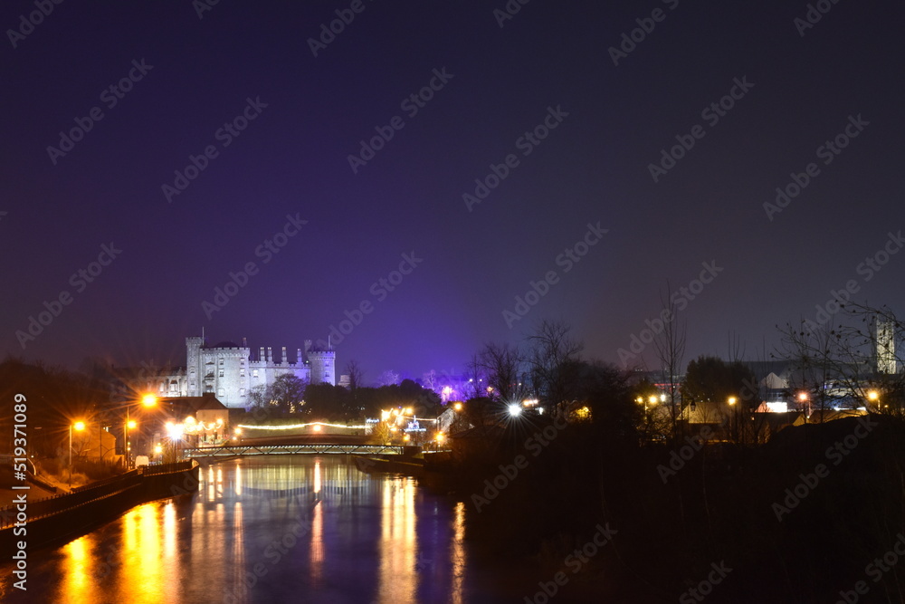 Kilkenny Castle and night view of the city in Christmas Time