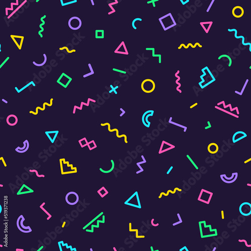 Memphis seamless pattern on dark background. Vector Illusration