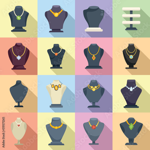 Jewelry dummy icons set flat vector. Bust chain
