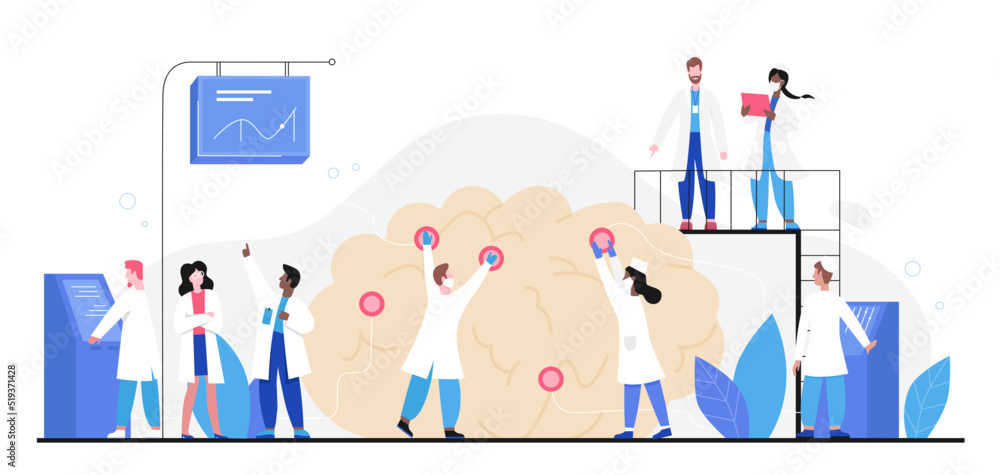 Human brain medical analysis with tiny doctors. Cartoon group of neurologists study traumatic and aging problems with hospital machines flat vector illustration. Psychology, neurology concept