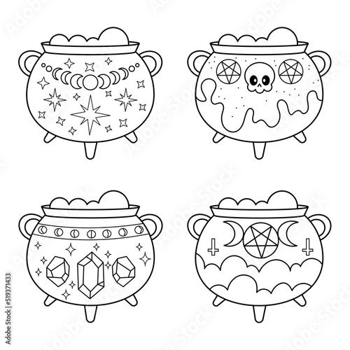 Set of 4 witch's cauldrons. Coloring book for children. Halloween. Black and white vector image.