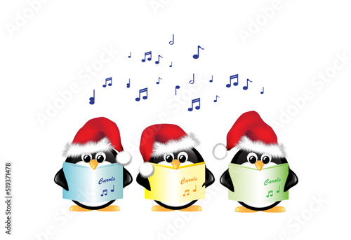Winter cartoon penguins wearing Santa hats and singing Christmas Carols. Isolated on white. EPS10 vector format.