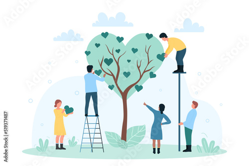 Love and care for environment from tiny people. Cartoon persons grow tree with leaf of heart shape, volunteers cultivate garden together flat vector illustration. Eco development, nature concept