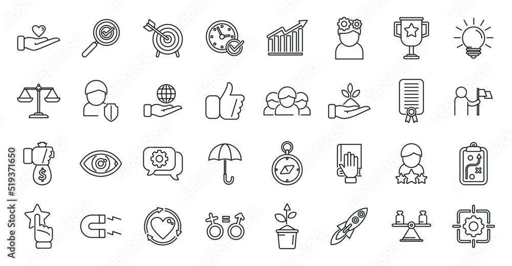 Core values icons set outline vector. Client innovation Core values icons set outline vector. Client innovation