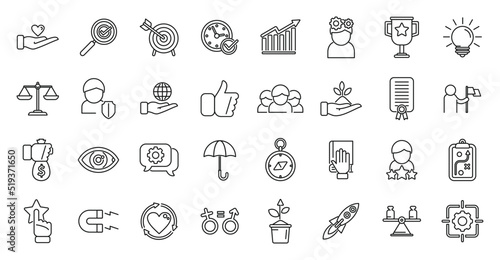Core values icons set outline vector. Client innovation
