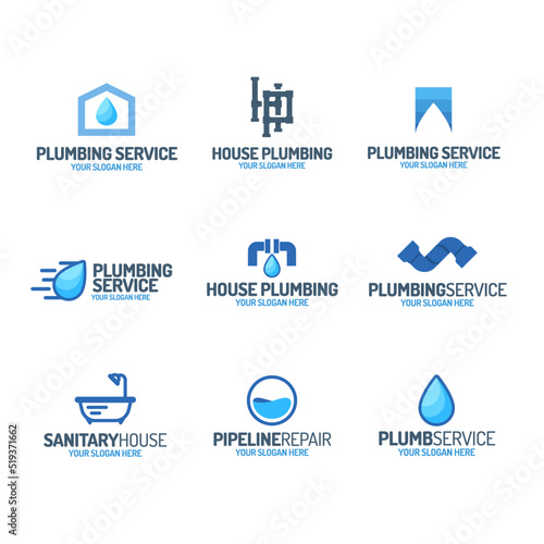 Plumbing service logo set color style for used plumbing and heating company, sanitary and hygiene firm, fix and repair leak and pipe etc. Vector Illustration
