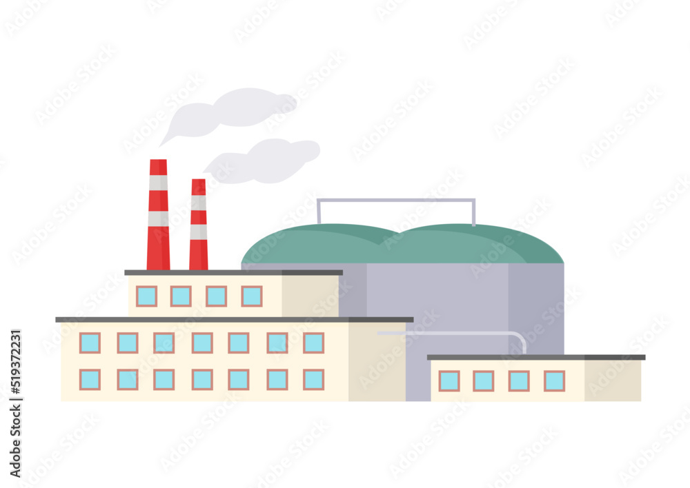 Manufacturing industrial building. Factory pipes with smoke, power plant vector illustration
