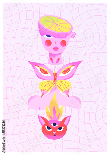 Colorful psychedelic poster with human head and body, butterfly, red three-eyed cat, fire and wavy checkered background. Contemporary Art. Yellow and pink colors. Vector illustration