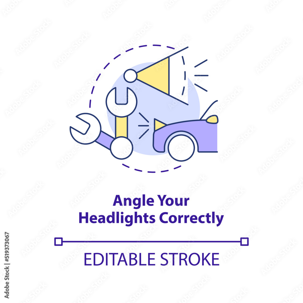 Angle your headlights correctly concept icon. Driving safety at night abstract idea thin line illustration. Isolated outline drawing. Editable stroke. Arial, Myriad Pro-Bold fonts used