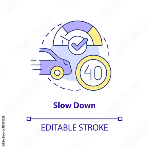Slow down concept icon. Adjust your speed at night. Driving safety at night abstract idea thin line illustration. Isolated outline drawing. Editable stroke. Arial, Myriad Pro-Bold fonts used