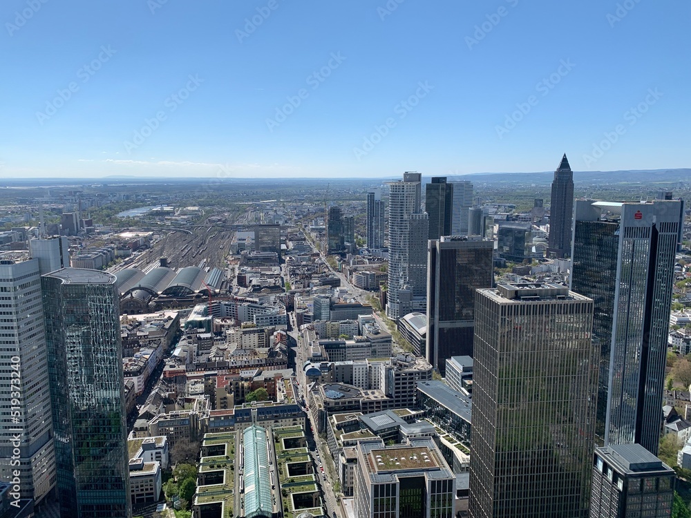 Fototapeta premium Aerial, top view of downtown Frankfurt high rises and skyscrapers. Financial and business district. View from Main tower observation deck. Frankfurt am Main, Hesse, Germany