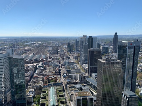 Aerial, top view of downtown Frankfurt high rises and skyscrapers. Financial and business district. View from Main tower observation deck. Frankfurt am Main, Hesse, Germany