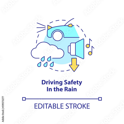 Driving safety in rain concept icon. Radio volume off. Situational driving safety abstract idea thin line illustration. Isolated outline drawing. Editable stroke. Arial, Myriad Pro-Bold fonts used