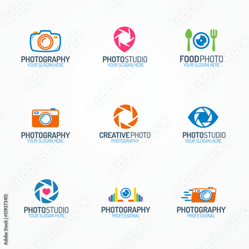 Photography and photo studio logo set different color style for use education, wedding, school, laboratory etc. Vector Illustration