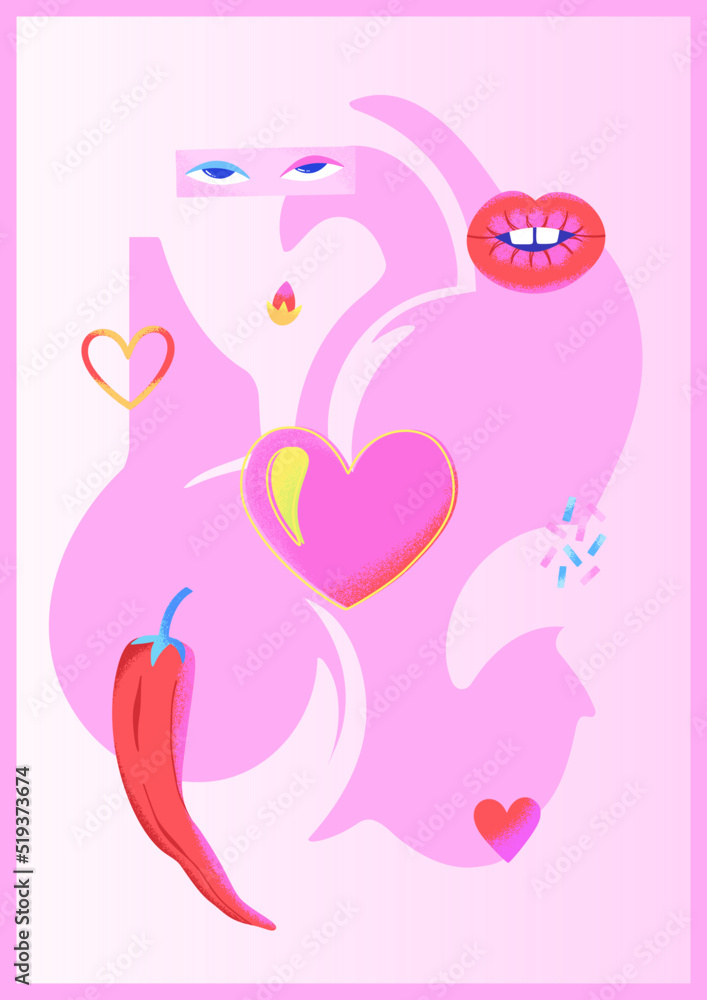 Pink psychedelic abstract poster with hearts, lips, eyes, chilli and pink abstract background blot. Contemporary Art. Abstract love. Design for Valentine's Day. Vector illustration