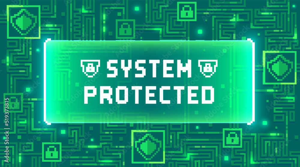 Web banner with the phrase System Protected. Concept of cyber security, computer protection or antivirus Web banner with the phrase System Protected. Concept of cyber security, computer protection or antivirus