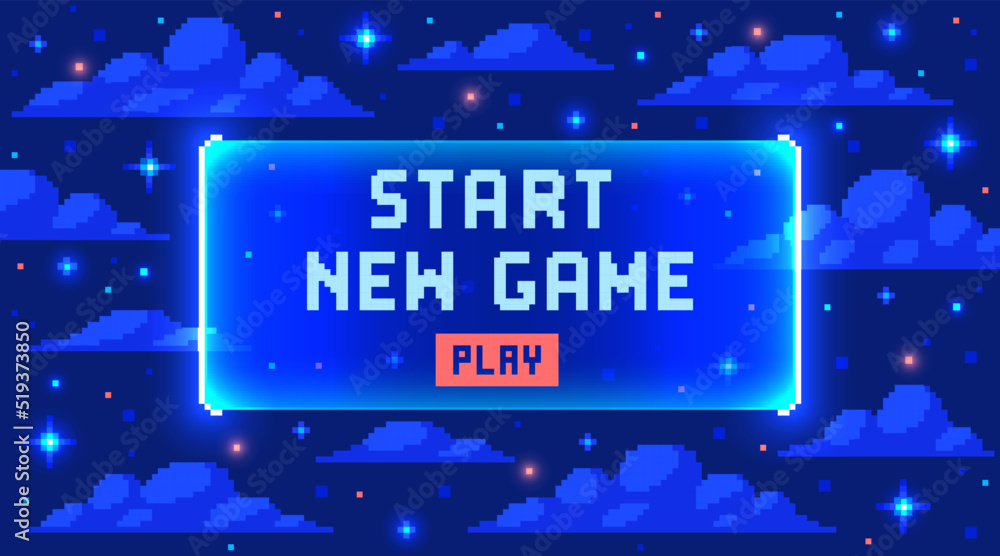 Web banner with phrase Start New Game. Sci-fi screen background with neon design