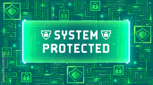 Web banner with the phrase System Protected. Concept of cyber security, computer protection or antivirus