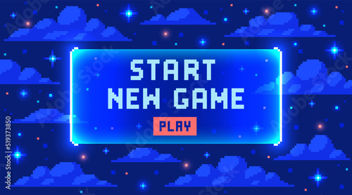 Web banner with phrase Start New Game. Sci-fi screen background with neon design photo